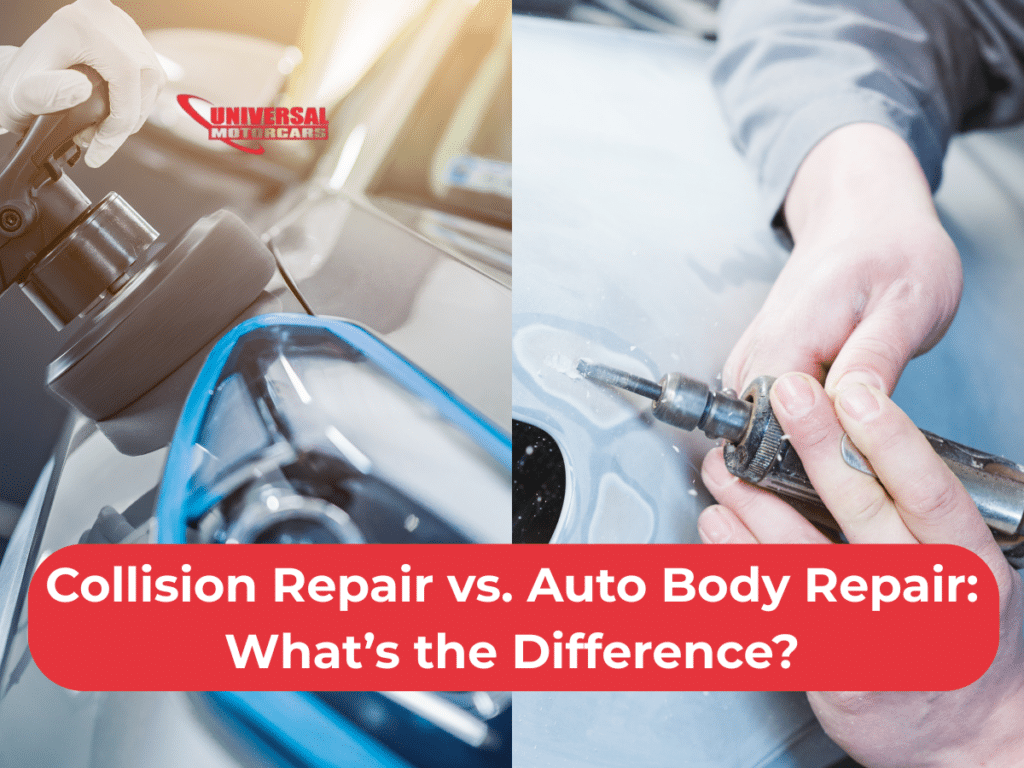 A close-up of hands repairing a car: using a polishing tool and a drill, with text highlighting the differences between collision and auto body repair.