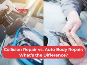 A close-up of hands repairing a car: using a polishing tool and a drill, with text highlighting the differences between collision and auto body repair.