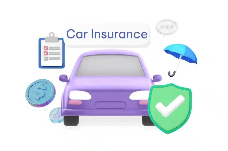 Illustration of a purple car with car insurance icons including a shield with a checkmark, clipboard, coins, an umbrella, and the text "Car Insurance" above the vehicle.