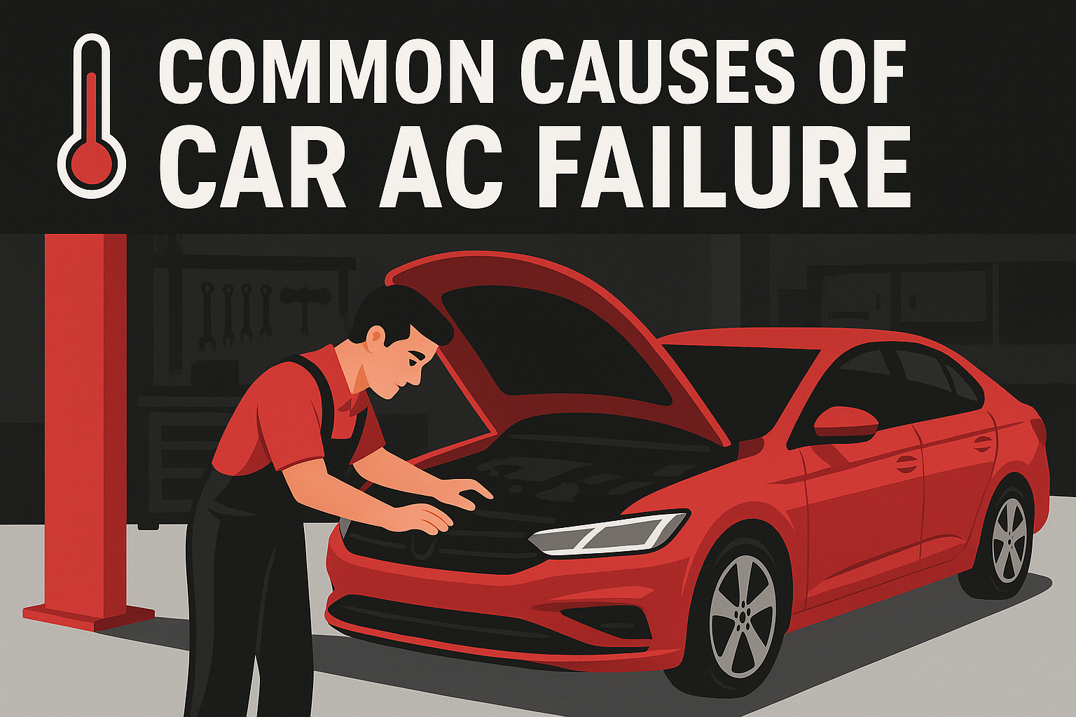 A title "Common Causes of Car AC Failure" and a mechanic in a Garage repairing car.