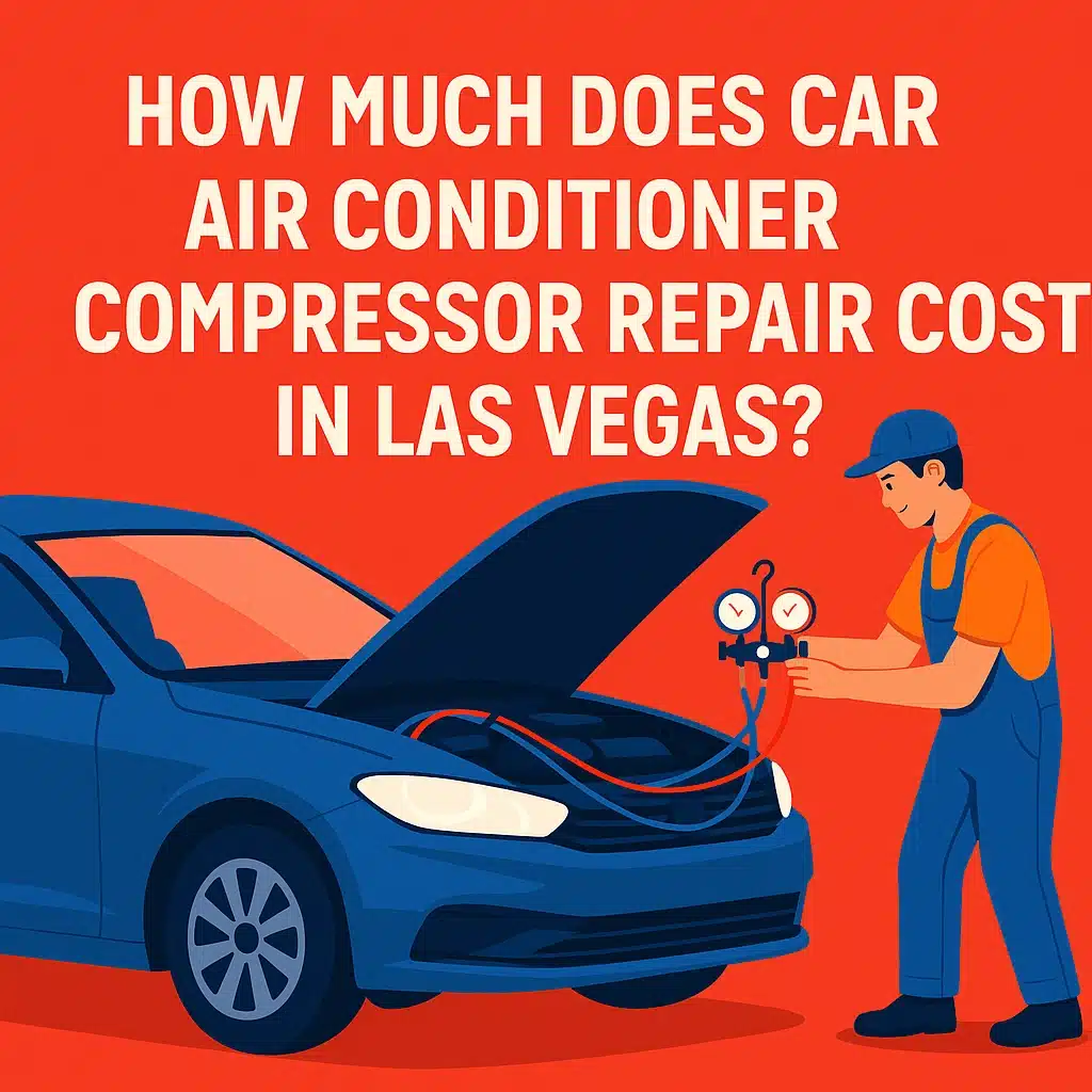 Illustration of a mechanic checking a car’s air conditioner with text reading, "How much does car air conditioner compressor repair cost in Las Vegas?.