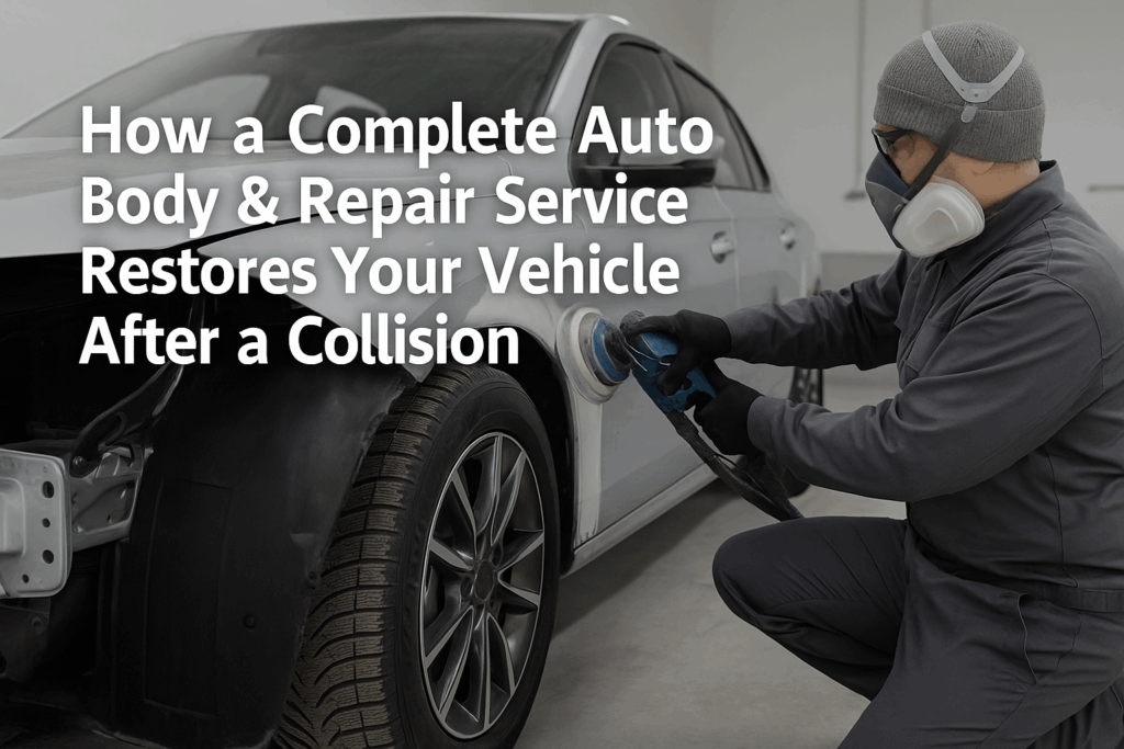 A certified mechanic wearing a mask and gloves uses a power tool to repair the fender of a silver car in an auto body shop in Las vegas.