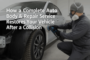 A certified mechanic wearing a mask and gloves uses a power tool to repair the fender of a silver car in an auto body shop in Las vegas.