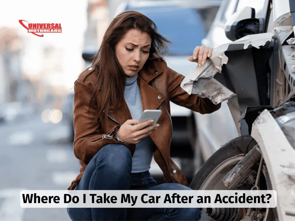 A person crouches beside a damaged car, looking at their phone, with a question about post-accident car repair visible below.