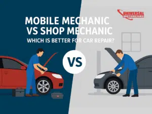 Illustration comparing a mobile mechanic working on a car outside and a shop mechanic in a garage, with text: Mobile Mechanic vs Shop Mechanic.