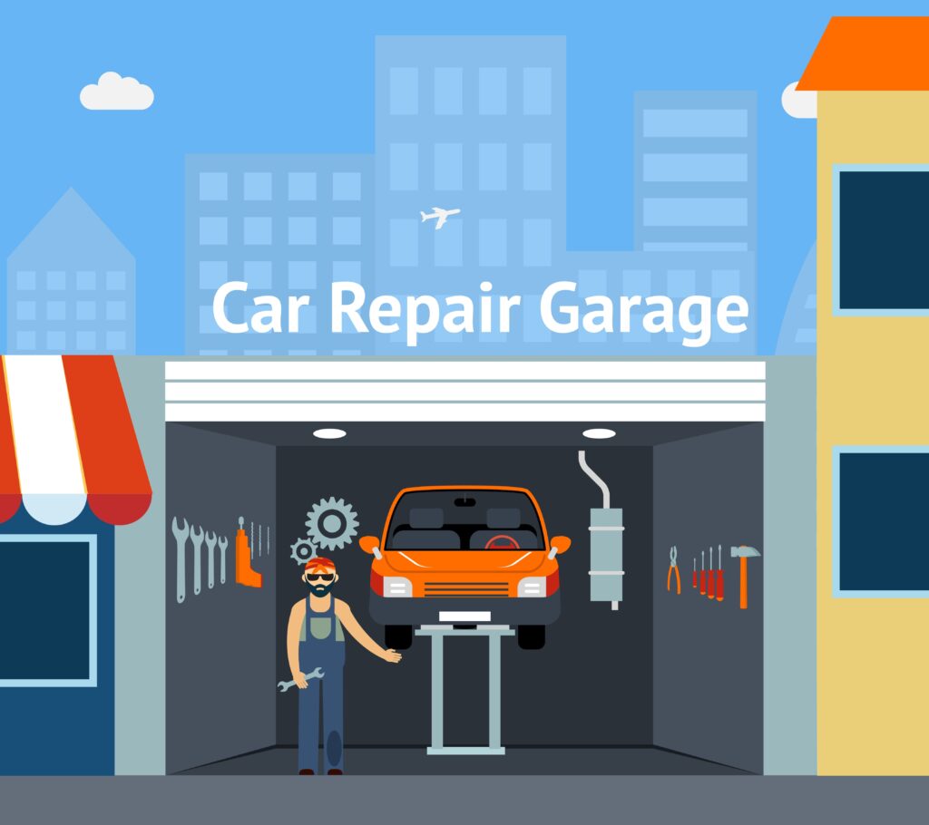 A car mechanic in overalls is working on a lifted orange car inside a modern garage, surrounded by various tools and equipment.