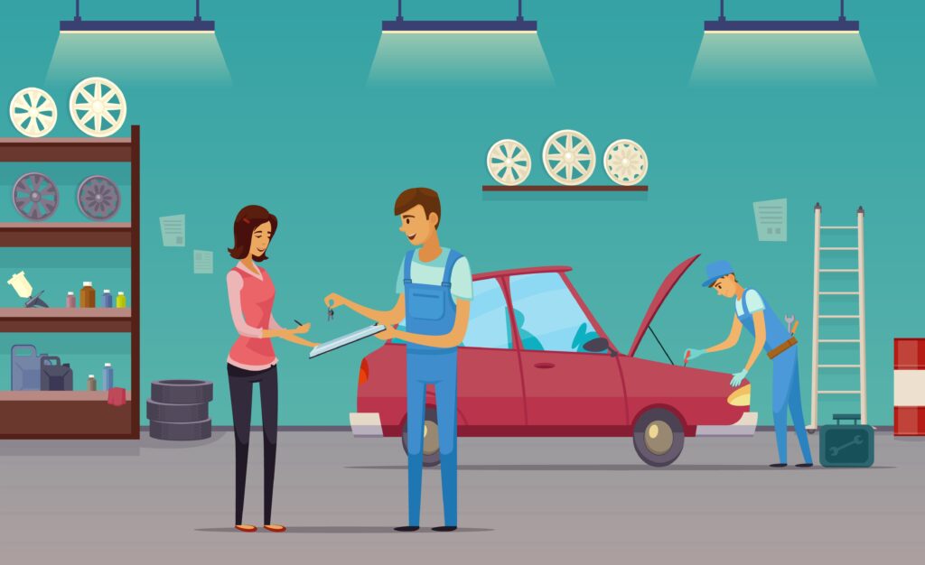 A mechanic hands car keys to a customer in a garage, while another mechanic works on a red car under bright lights.