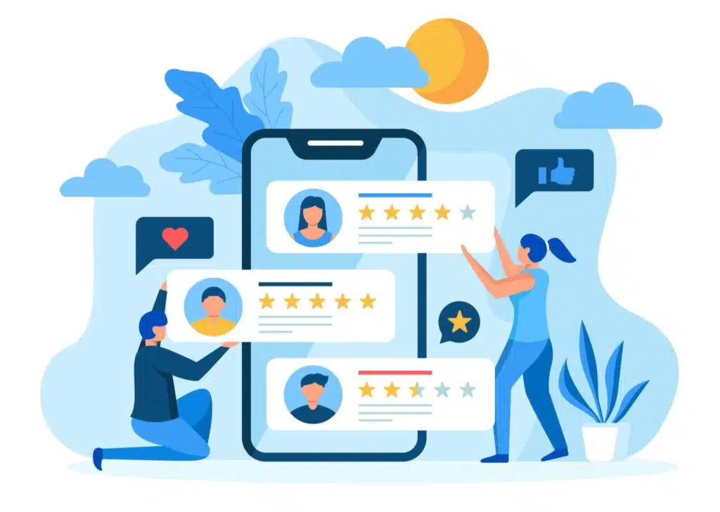 Two people interact with a smartphone displaying user reviews and ratings, against a vibrant background of nature and clouds.