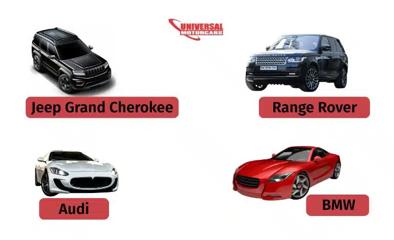 Four luxury vehicles showcased: Jeep Grand Cherokee, Range Rover, Audi, and BMW, with Universal Motorcars logo above.