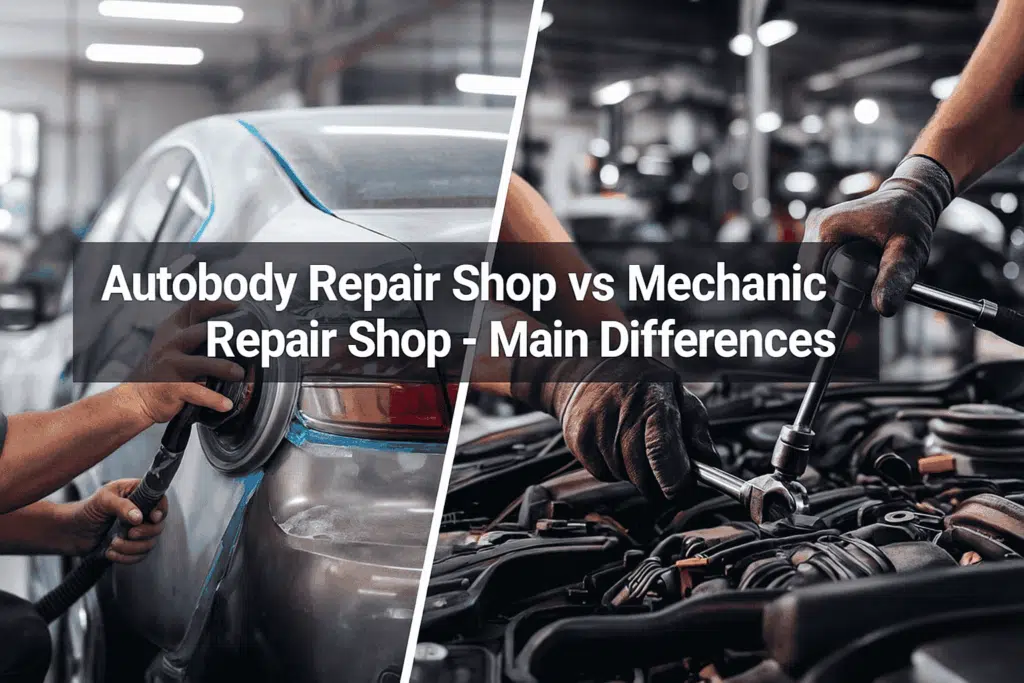 Split image comparing an autobody repair shop with a mechanic shop, showcasing vehicles being repaired and serviced.