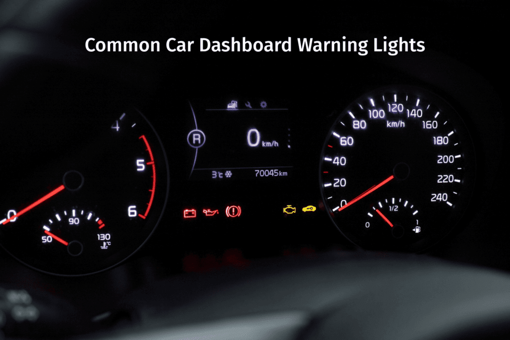 Car dashboard displaying common warning lights, including battery, oil, and engine alerts, with speed and fuel gauges visible.