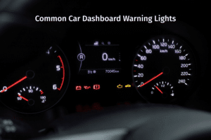 Car dashboard displaying common warning lights, including battery, oil, and engine alerts, with speed and fuel gauges visible.