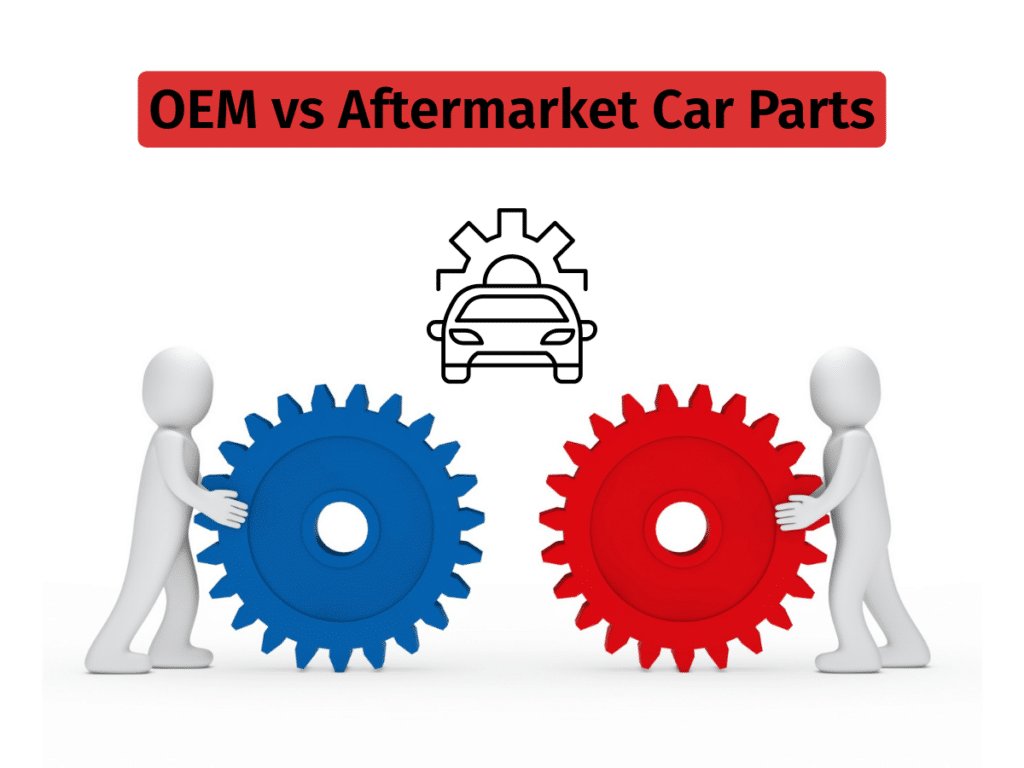 Two stick figures are pushing large gears, one blue and one red, with a car icon and a gear graphic above the text "OEM vs Aftermarket Car Parts."
