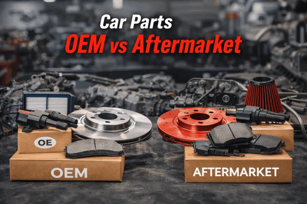 Car Parts OEM vs Aftermarket, displaying two sets of car parts on a workbench: one labeled "OEM" with brake discs and pads, and the other labeled "AFTERMARKET" with red brake discs and pads.