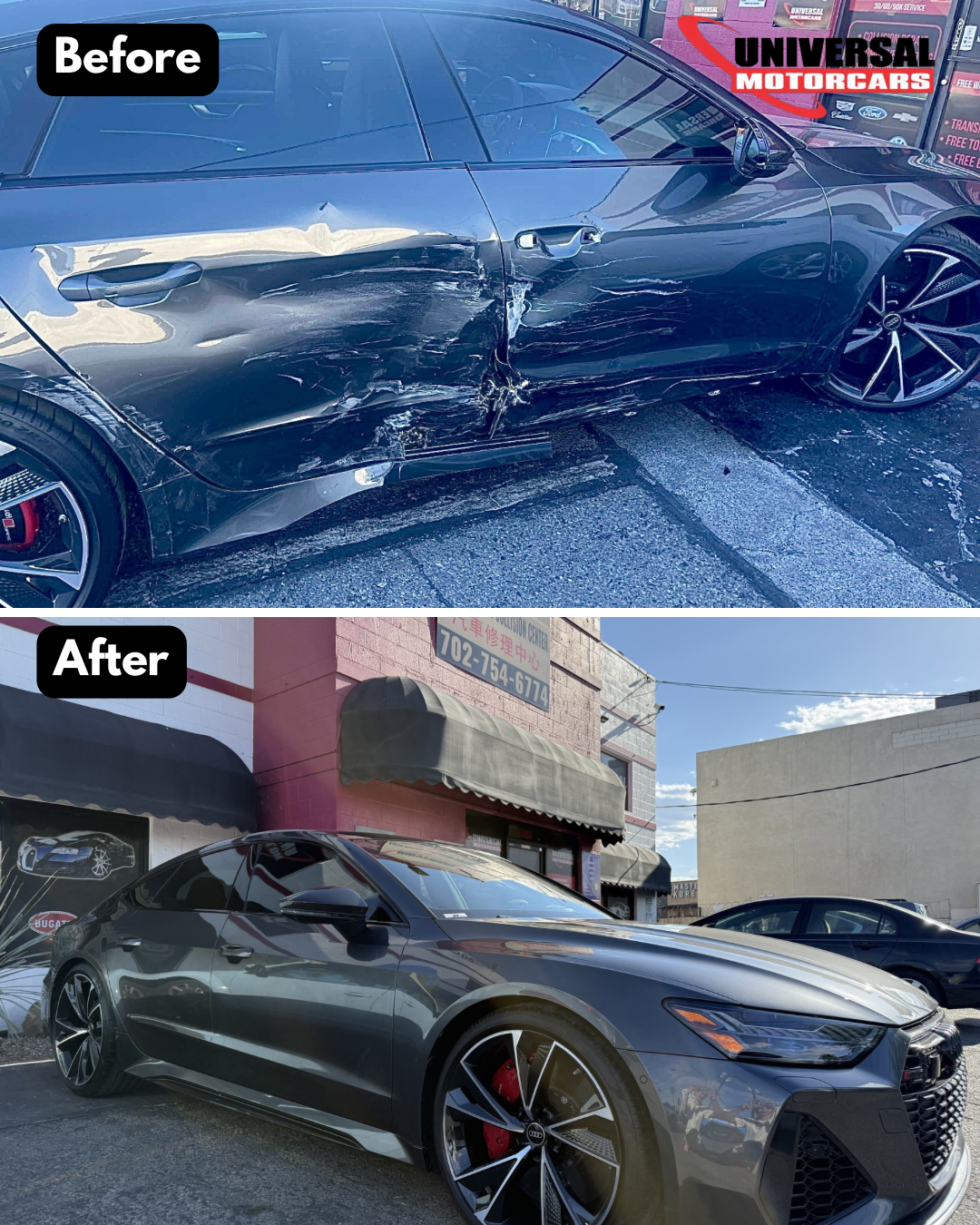 Grey Audi with the passenger-side exterior repaired outside Universal Motorcars Spring Mountain