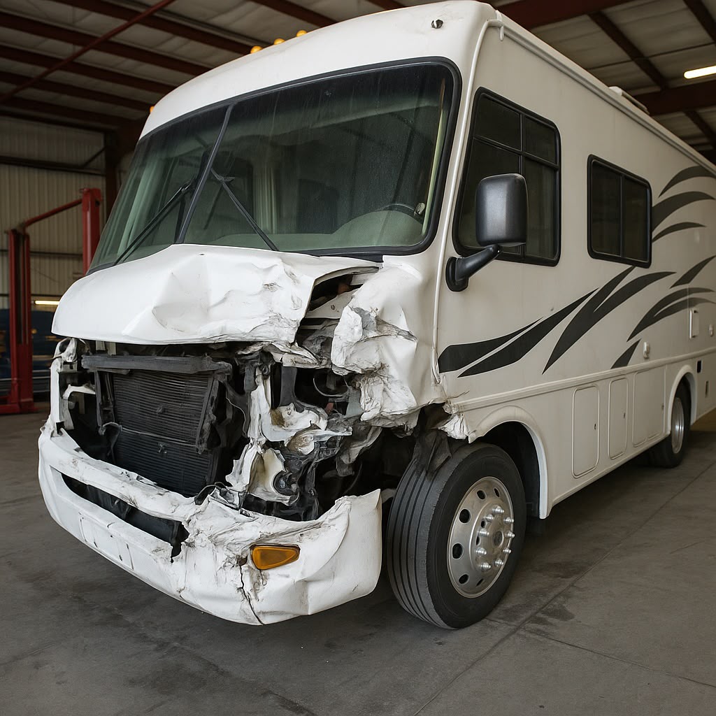 RV front-end collision damage for motorhome body repair at Universal Motorcars Las Vegas