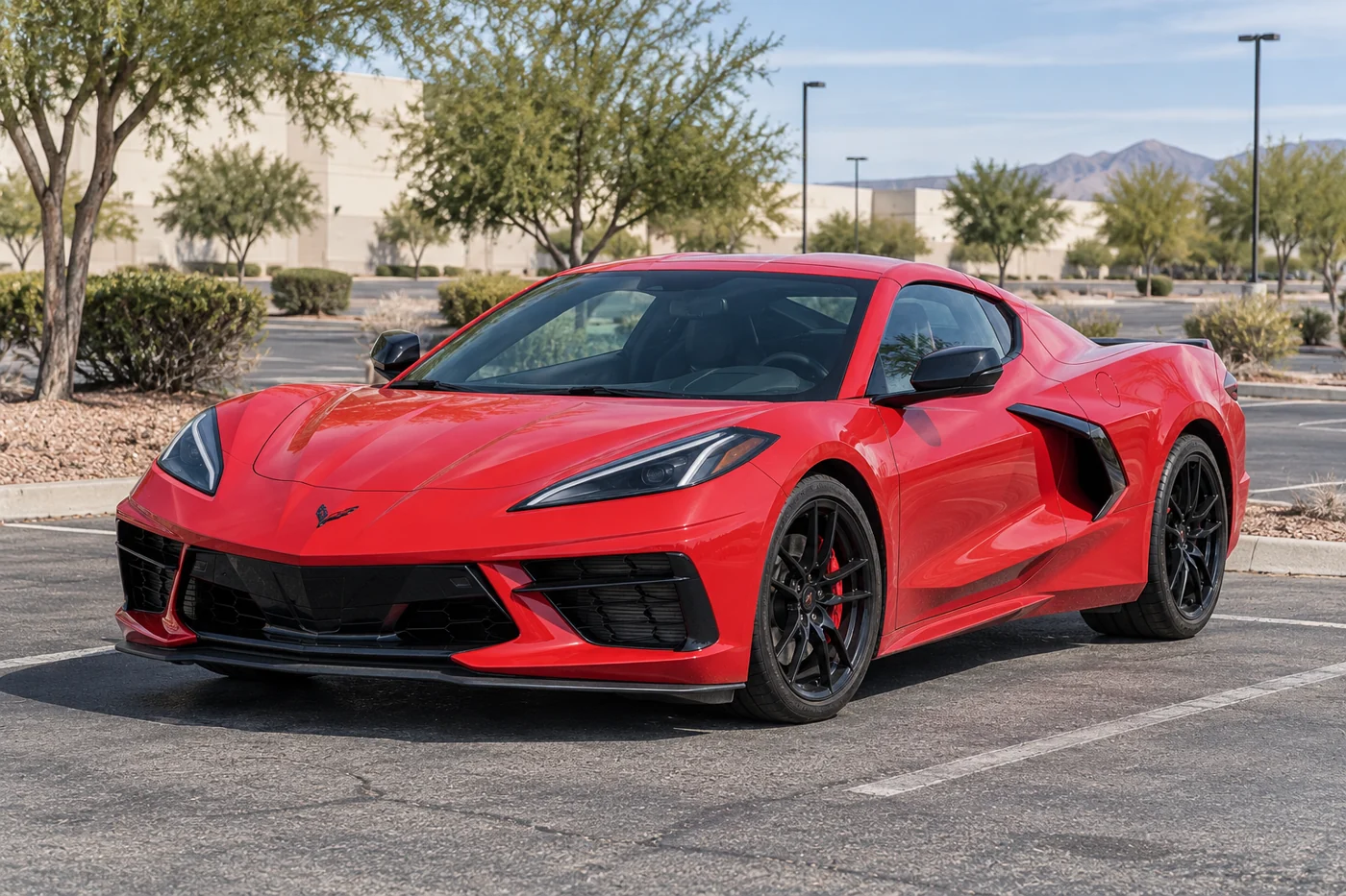Illustration of a red Chevrolet Corvette C8 in a parking lot