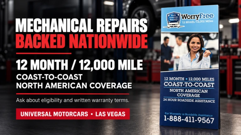 Universal Motorcars mechanical repair warranty: 12 months or 12,000 miles of coast-to-coast North American coverage on eligible repairs.