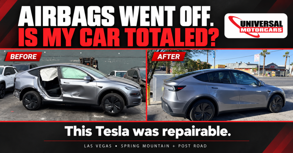Universal Motorcars before-and-after Tesla graphic showing side damage and a deployed curtain airbag before repairs, with the headline: Airbags went off. Is my car totaled?