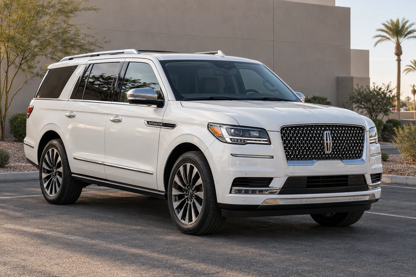 Illustration of a pearl-white Lincoln Navigator viewed from the front and side