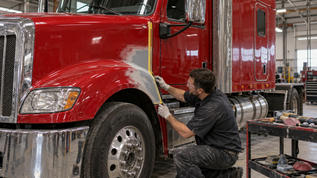 Red big-rig cab panel preparation — Universal Motorcars truck body and paint repair