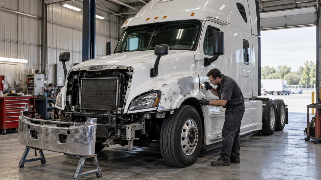 Semi-truck front-end damage inspection — Universal Motorcars truck collision repair