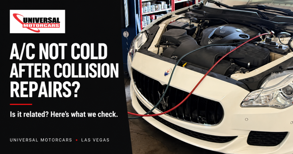 Universal Motorcars A/C article graphic with a white Maserati undergoing service and the question, A/C not cold after collision repairs?