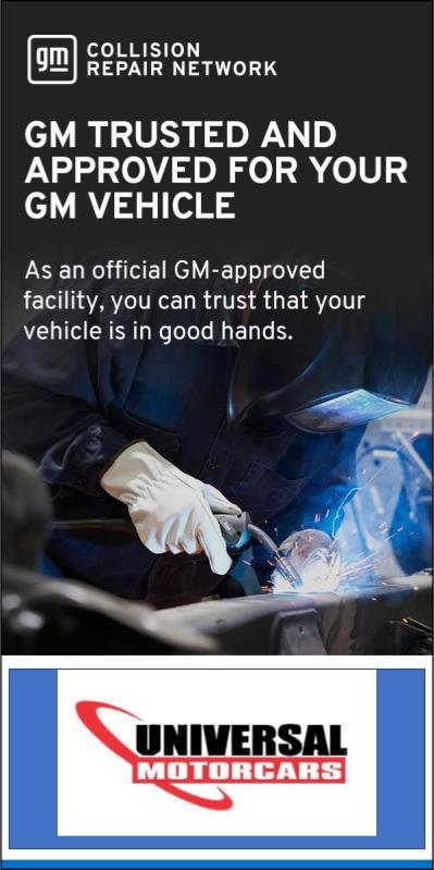 GM Collision Repair Network promotional artwork customized with Universal Motorcars logo