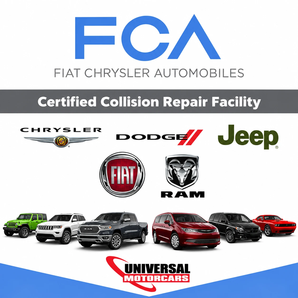 Universal Motorcars FCA-certified collision repair banner for Jeep, Ram, Dodge, Chrysler and Fiat in Las Vegas