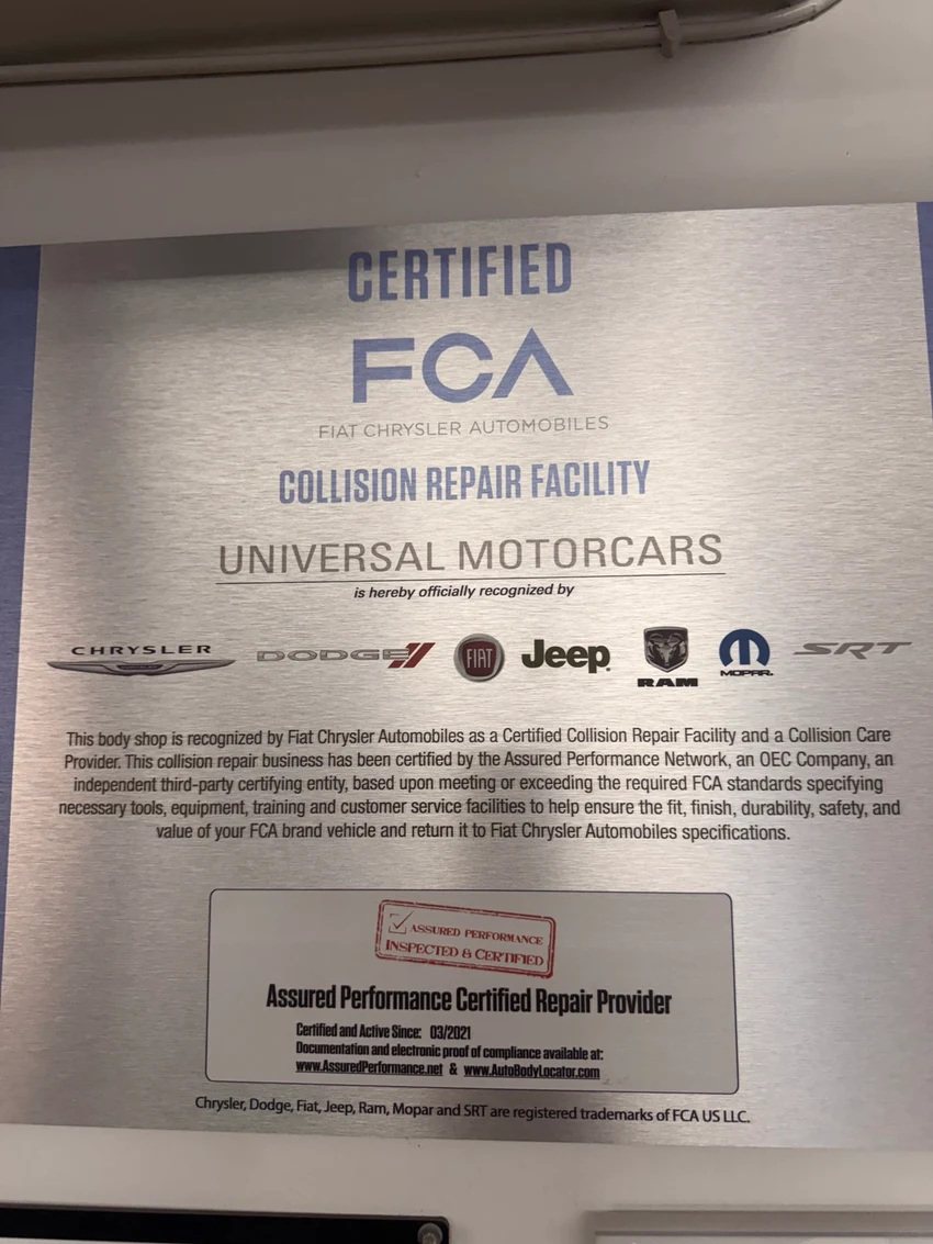 Original FCA Certified Collision Repair Facility certificate naming Universal Motorcars