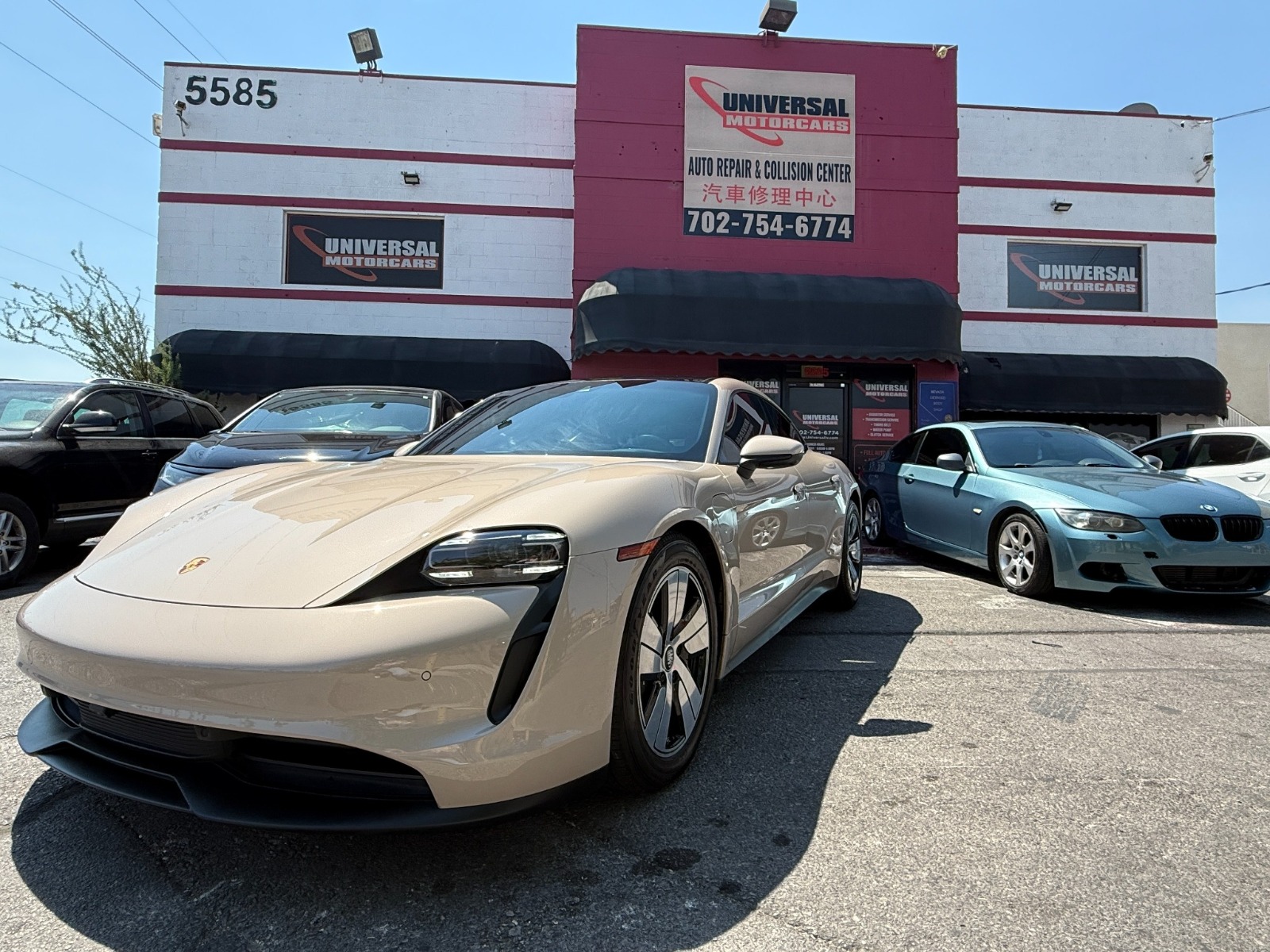 Porsche Taycan outside Universal Motorcars at 5585 Spring Mountain Road in Las Vegas