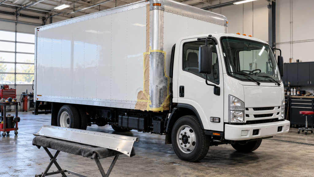 Box-truck body-corner repair — Universal Motorcars commercial collision services