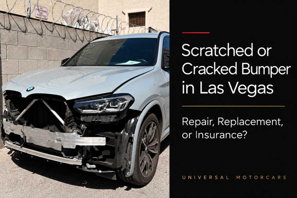 BMW SUV with its front bumper cover removed, beside the title Scratched or Cracked Bumper in Las Vegas: Repair, Replacement, or Insurance?