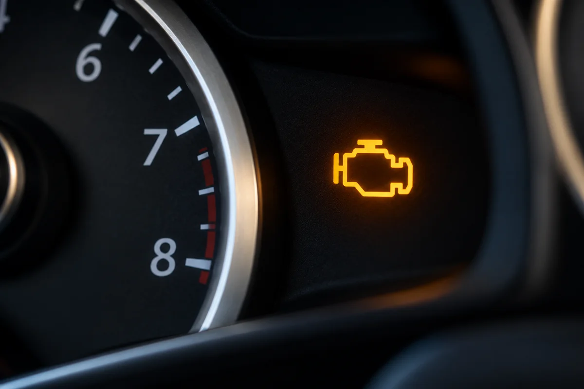 Illustration of an amber check-engine warning on a vehicle dashboard