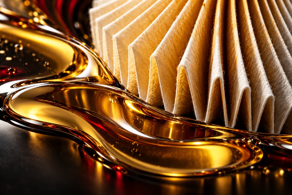 AI-created illustration of golden oil beside pleated filter material