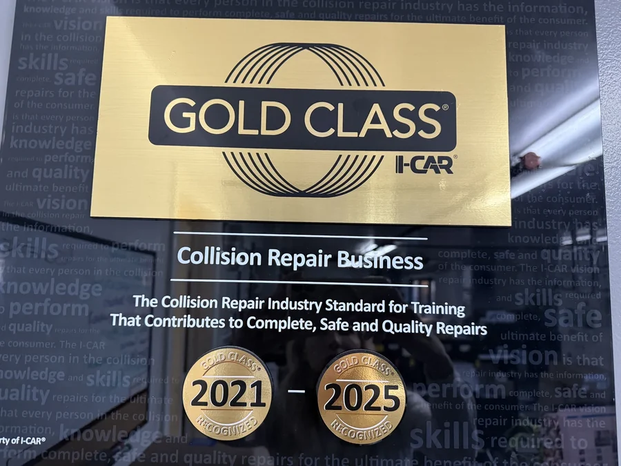 I-CAR Gold Class recognition plaque from Universal Motorcars, with a 2025 recognition medallion
