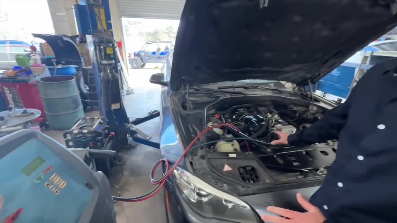 A vehicle with A/C service equipment in KTNV’s report at Universal Motorcars