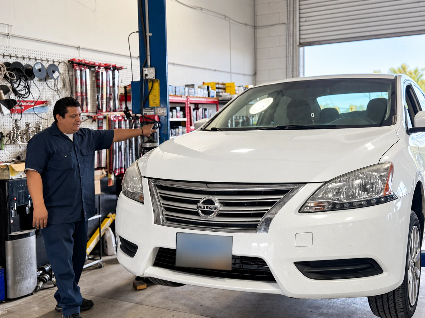 White Nissan sedan on a lift beside a Universal Motorcars technician.