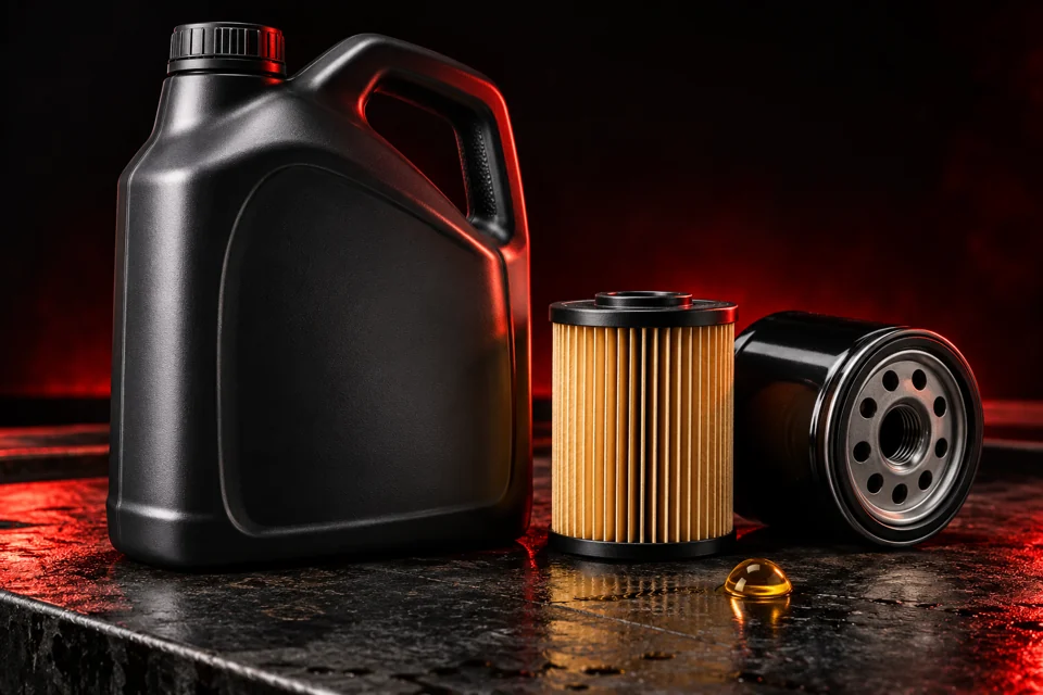 Illustration of an unbranded motor-oil container, cartridge filter and spin-on filter