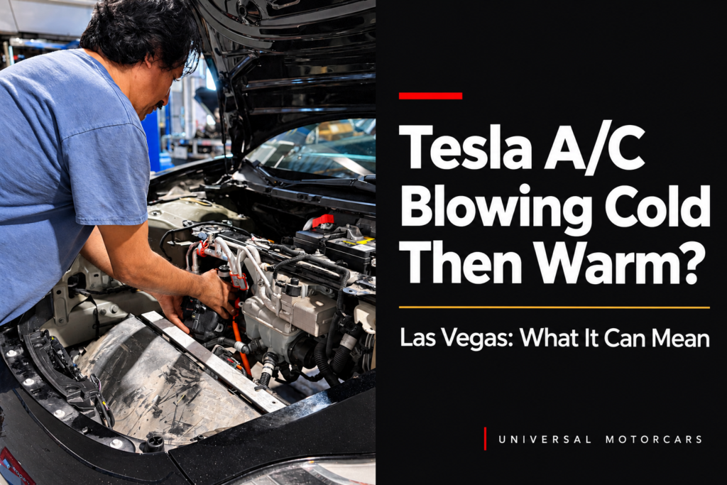 Technician working beneath a vehicle's open hood, with the title Tesla A/C Blowing Cold Then Warm?