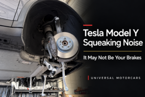 Tesla brake and suspension close-up with the title Tesla Model Y Squeaking Noise: It May Not Be Your Brakes
