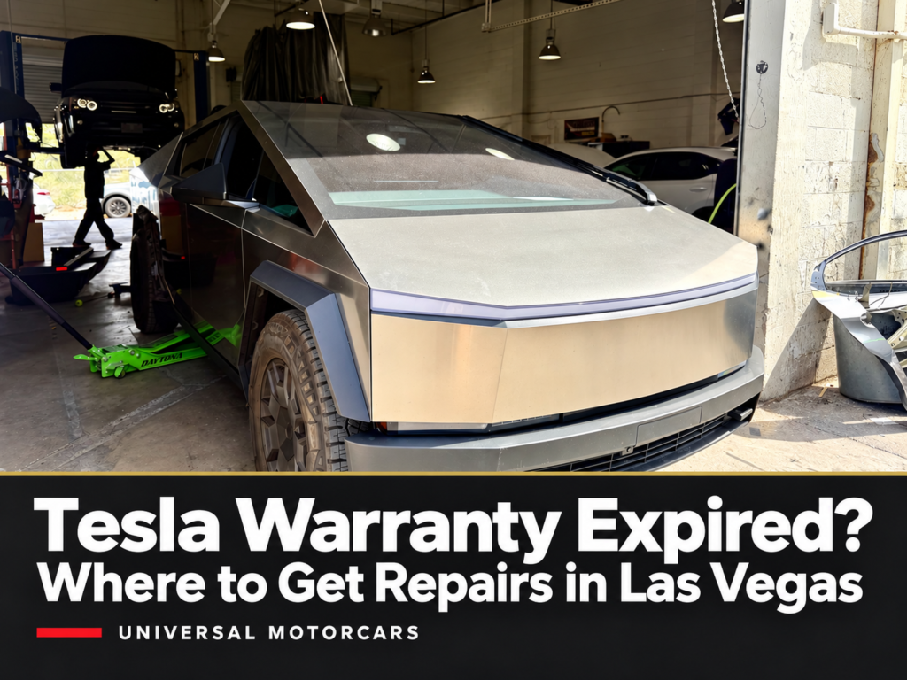 Tesla Cybertruck in the Universal Motorcars workshop with the article title: Tesla Warranty Expired? Where to Get Repairs in Las Vegas