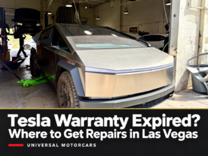 Tesla Cybertruck in the Universal Motorcars workshop with the article title: Tesla Warranty Expired? Where to Get Repairs in Las Vegas