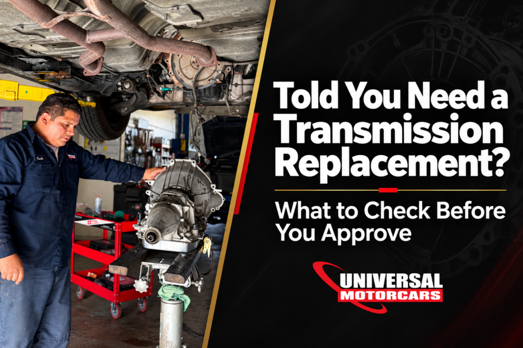 Universal Motorcars technician with a removed transmission, beside the article title: Told You Need a Transmission Replacement? What to Check Before You Approve