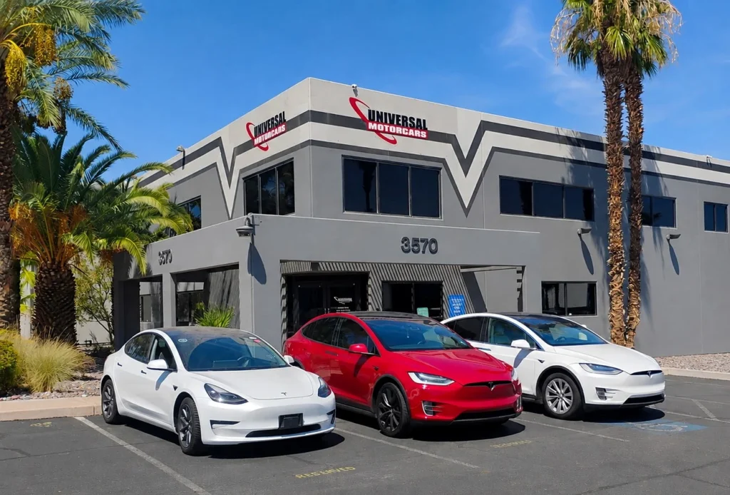 Universal Motorcars facility at 3570 W Post Road, with the street number and shop signs visible