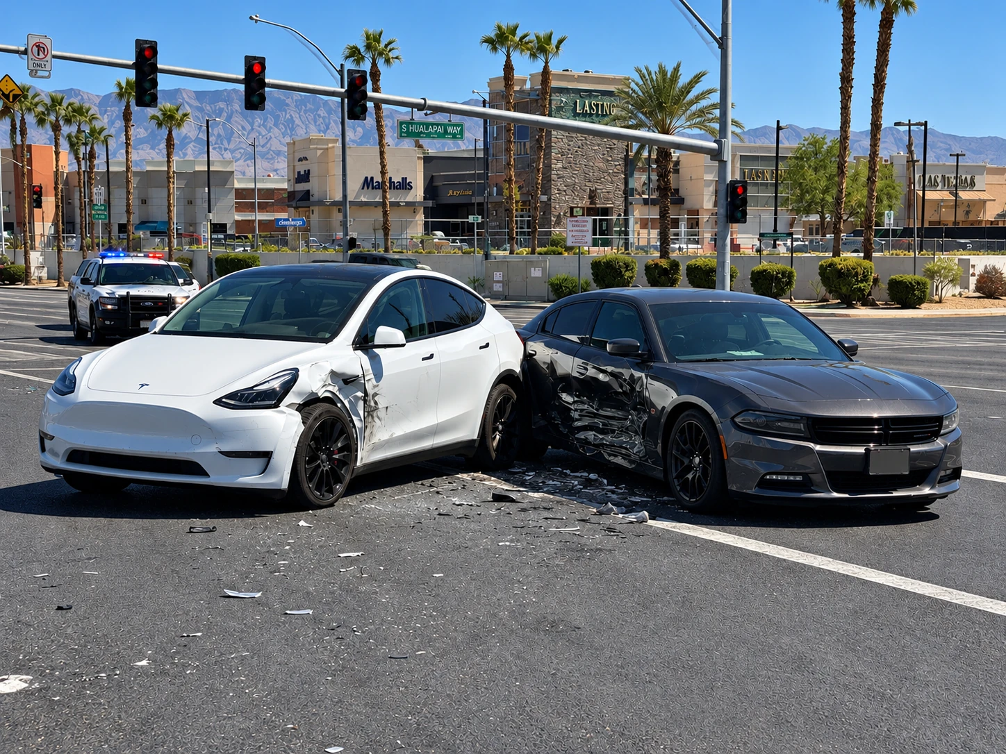 White Tesla and dark sedan with collision damage at a Las Vegas intersection.