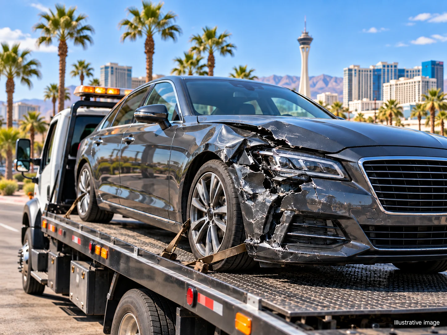 Illustration of a collision-damaged sedan secured on a flatbed tow truck in Las Vegas.