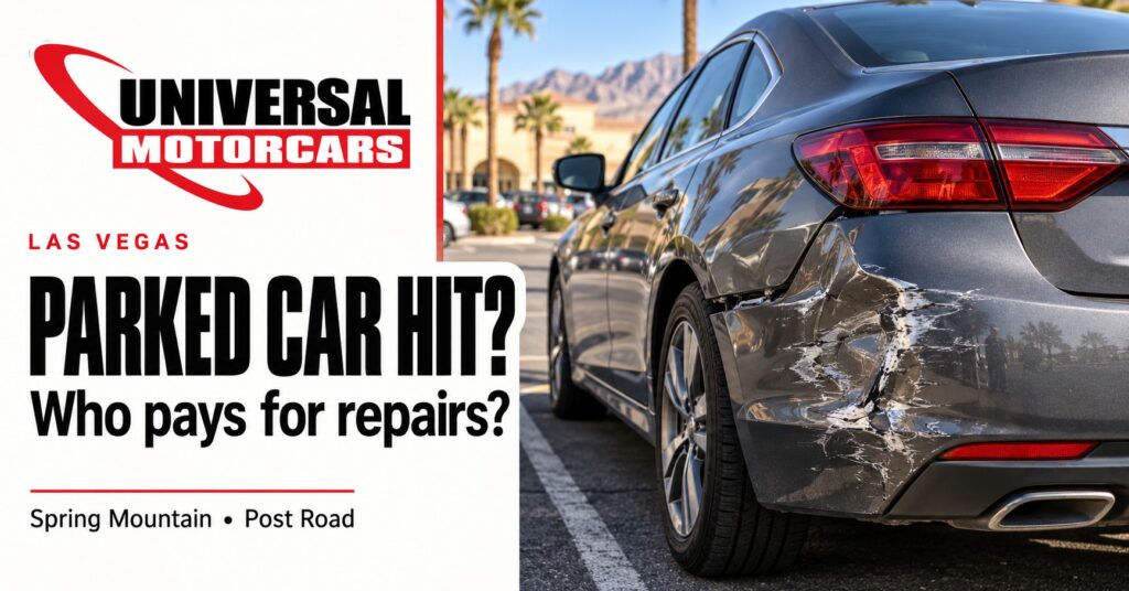 AI-generated illustration of a parked car with rear bumper damage in Las Vegas, with Universal Motorcars branding.