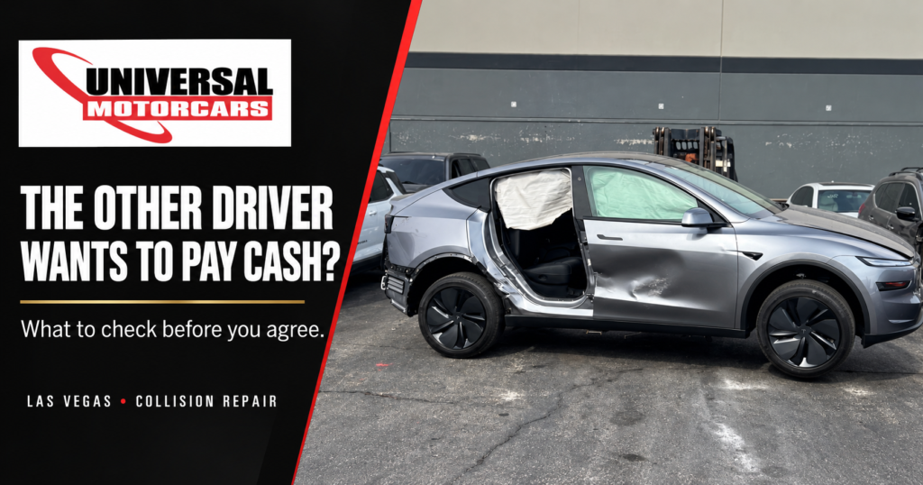 Universal Motorcars guide to accepting cash after an accident, with a damaged silver Tesla and the words “The other driver wants to pay cash?”