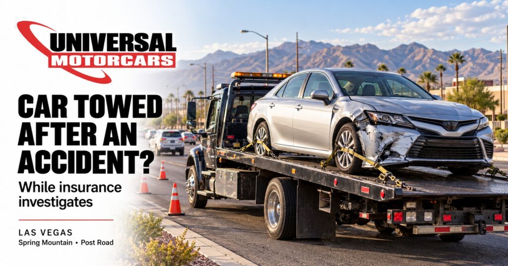AI-generated illustration of a damaged silver sedan secured on a flatbed tow truck on a Las Vegas street.